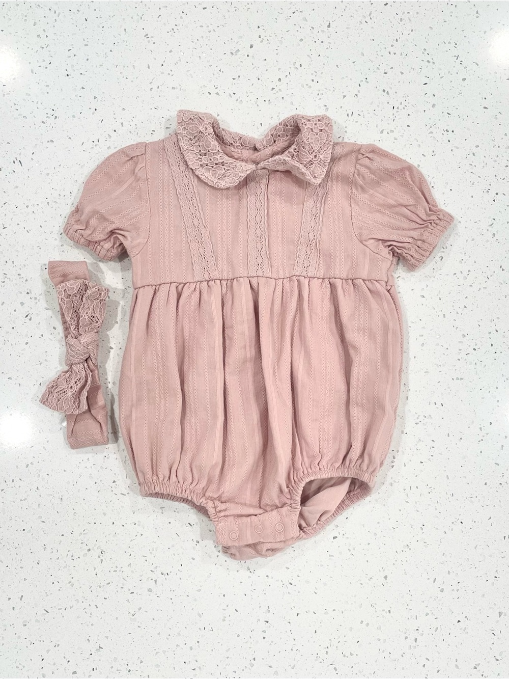 Rachel Zoe Baby Pink Lace-Trim One-Piece Romper with Headband